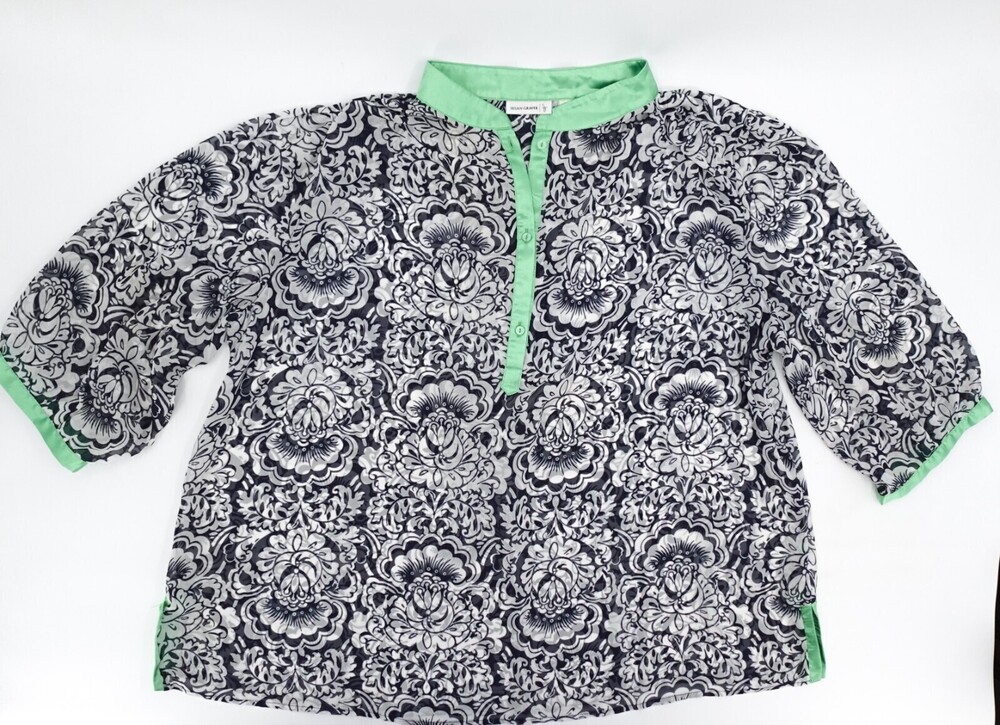 Susan Graver Shirt Womens 3X Black White Floral Button Tunic Short Sleeve